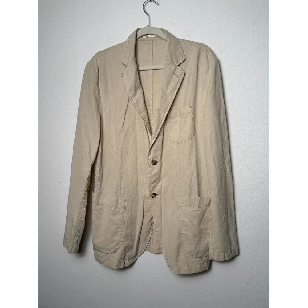 MNG Mango Mens Slim Fit Unstructured Cotton Blazer Jacket Beige Tan Size 40 US‎